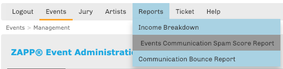 Screenshot of the administrator menu bar with Reports highlighted and Events Communication Spam Score Report highlighted below it