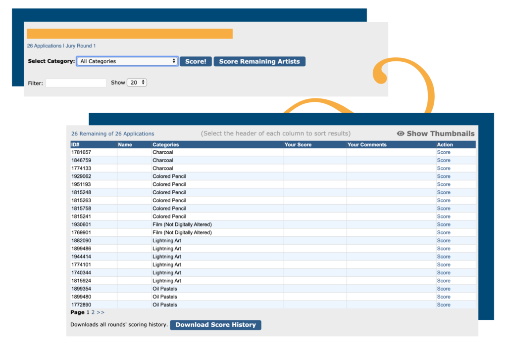 Image of new jury view, highlighting the filter option and the new, sortable table