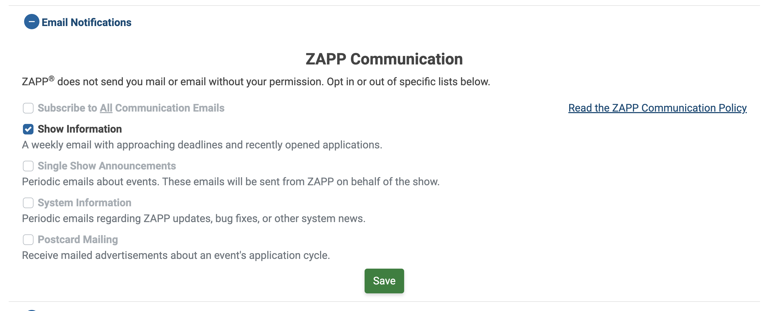 screenshot of the notification settings for the ZAPP artist profile that lists the communications an artist can opt-into