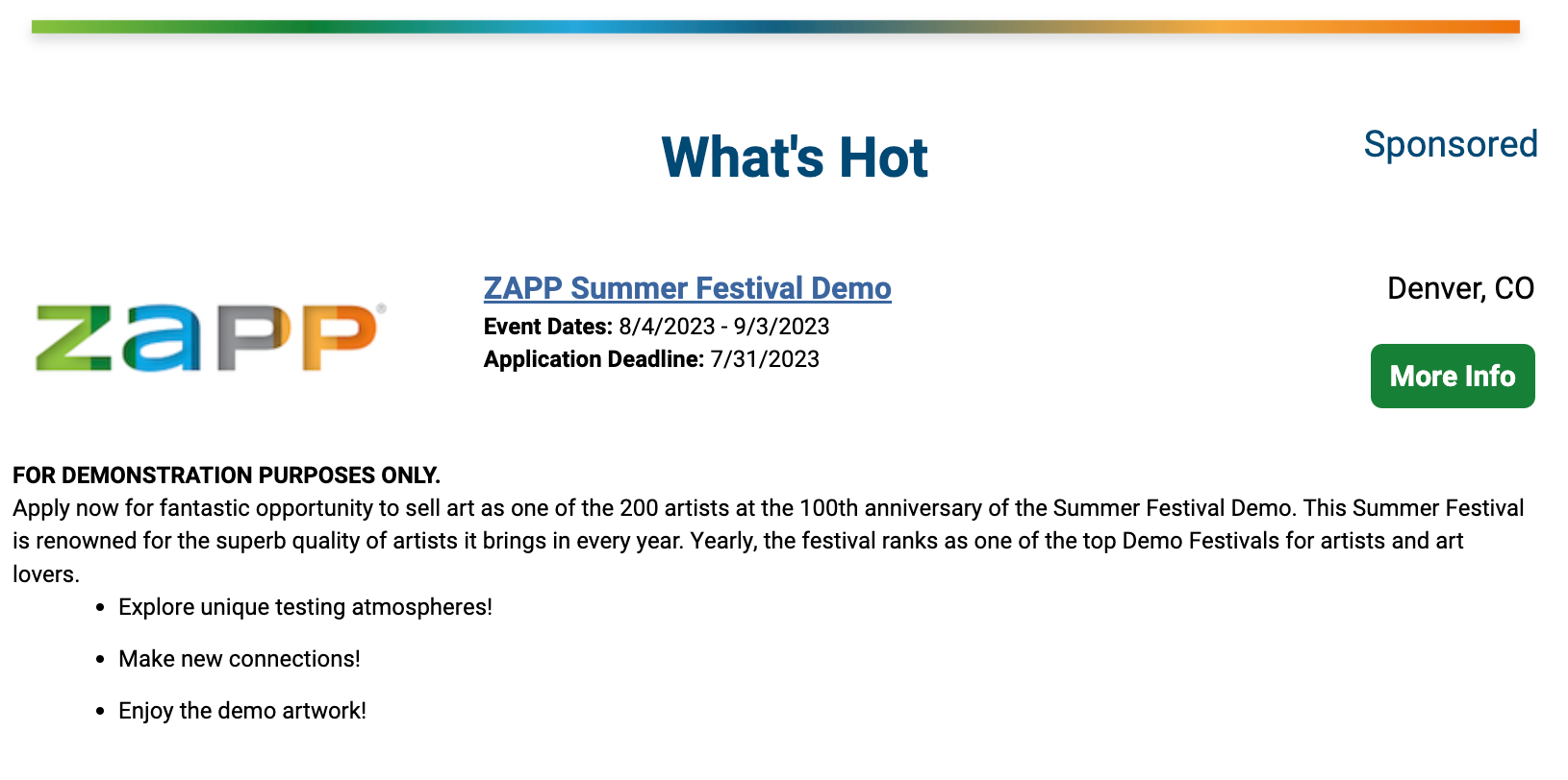 screenshot of the section of the ZAPP Show Information email titled "What's Hot" with event information for the featured event 