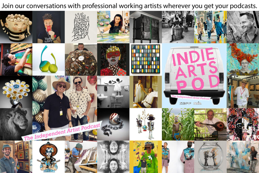 As collage of images including different types of artwork, a photo of Douglas and Will, and the Indpendent Artist Podcast logo.